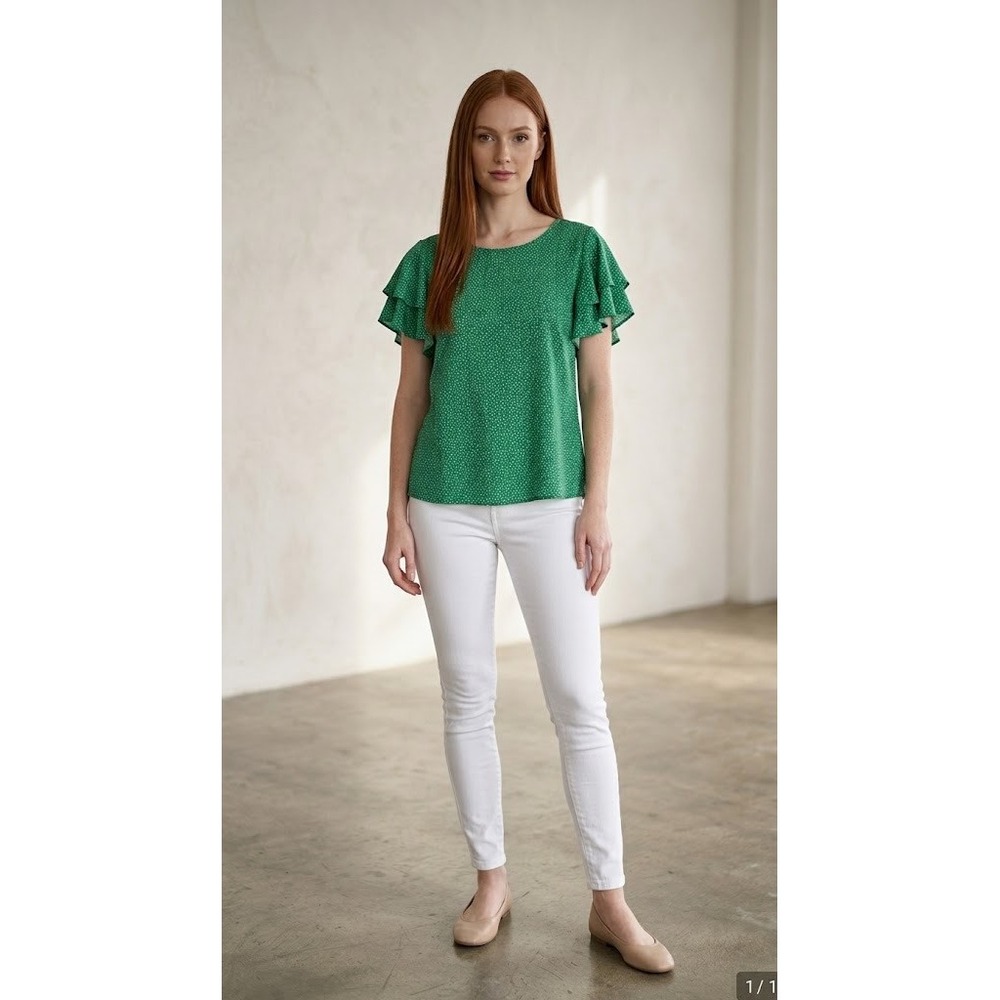 Adrianna Papell Micro Print Tiered Flutter Sleeve Blouse